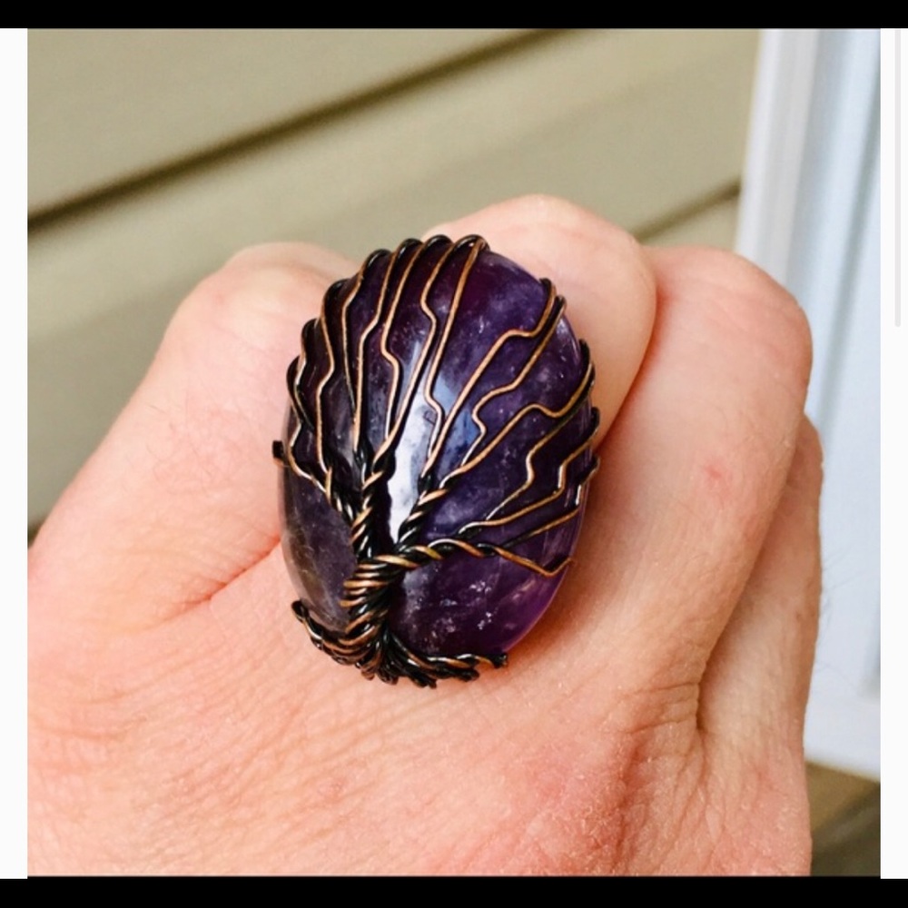 Adjustable Tree of life natural amethyst ring